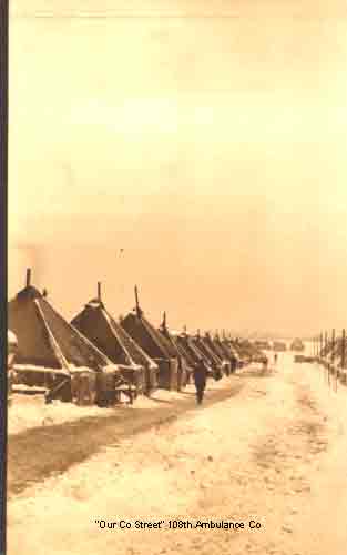 Company street of the 108th Ambulance Company. Note the snow. The winter of 1917/18 was one of the worst in S.C. history